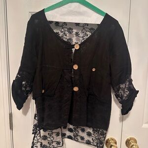 Black Lace Button-Front Sheer Top